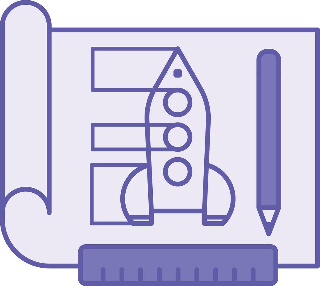 Colored Prototyping Icon. Illustration. Paper with Rocket Drawing, Pencil, and Ruler. Creating a Mockup or Model of the Product for Further Development. Concept Engineering vector