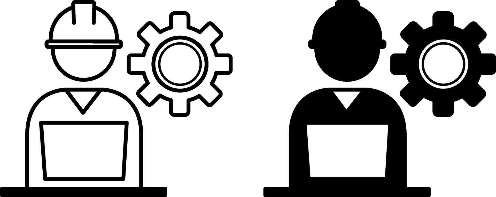Engineer Icons. Black and White Illustrations. Man in Helmet and Laptop, Gear. Specialist Engaged in Engineering. Production, Construction. Engineering Concept vector