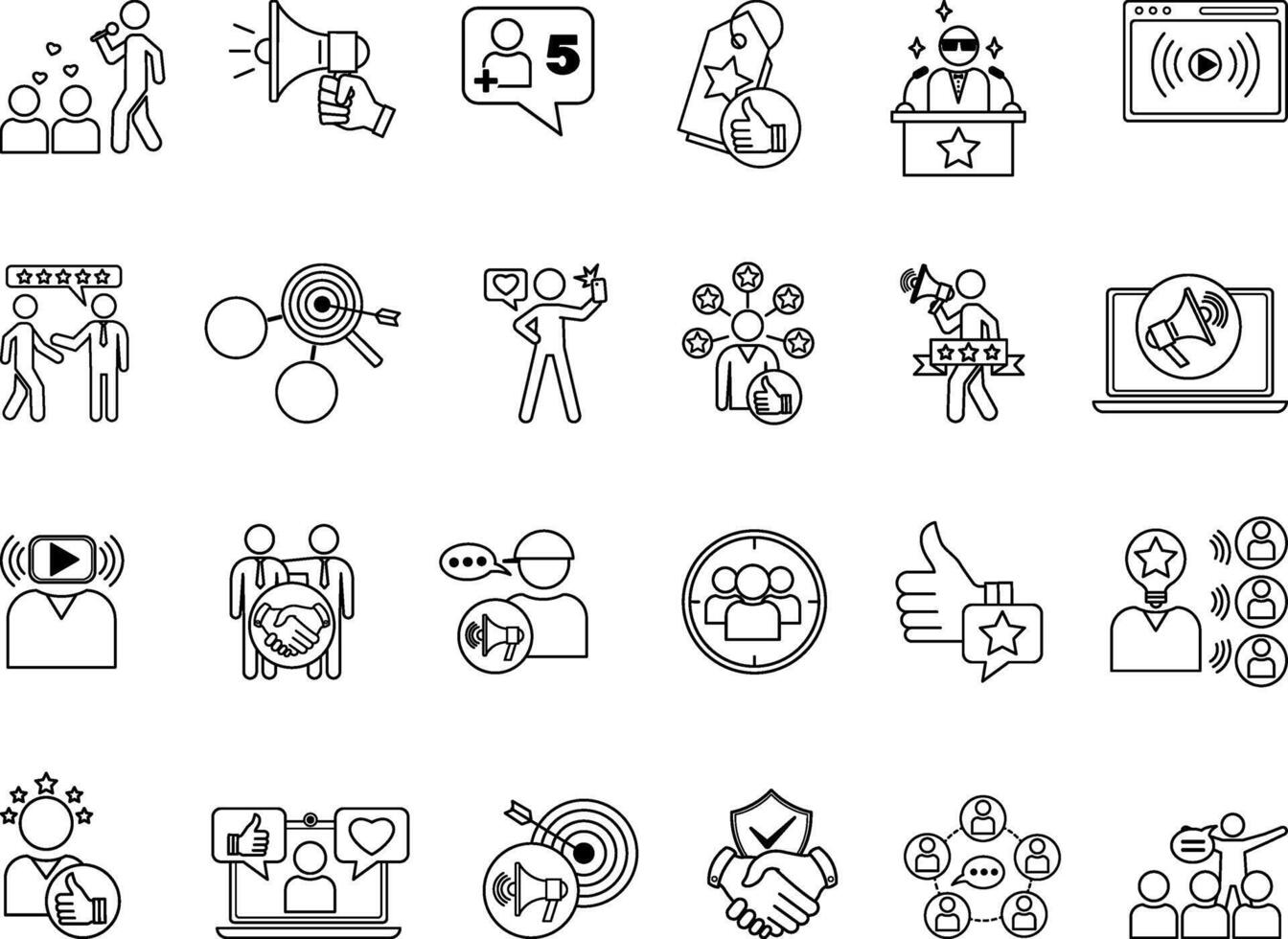 Influencer Icon Set. Illustrations Follower, Promote, Broadcast, Recommend, Celebrity, Marketing, Content Creator, Social Media, Review, Influence, Niche, and More vector