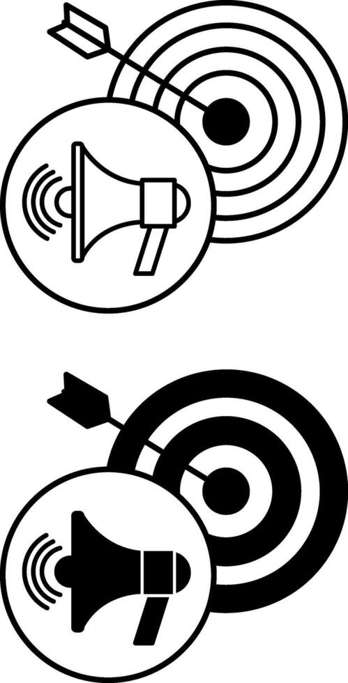Advertisement Icons. Black and White Illustrations. Megaphone and Target with Arrow. Communication to Attract the Attention of the Target Audience to the Promotion Object. Influencer Concept vector
