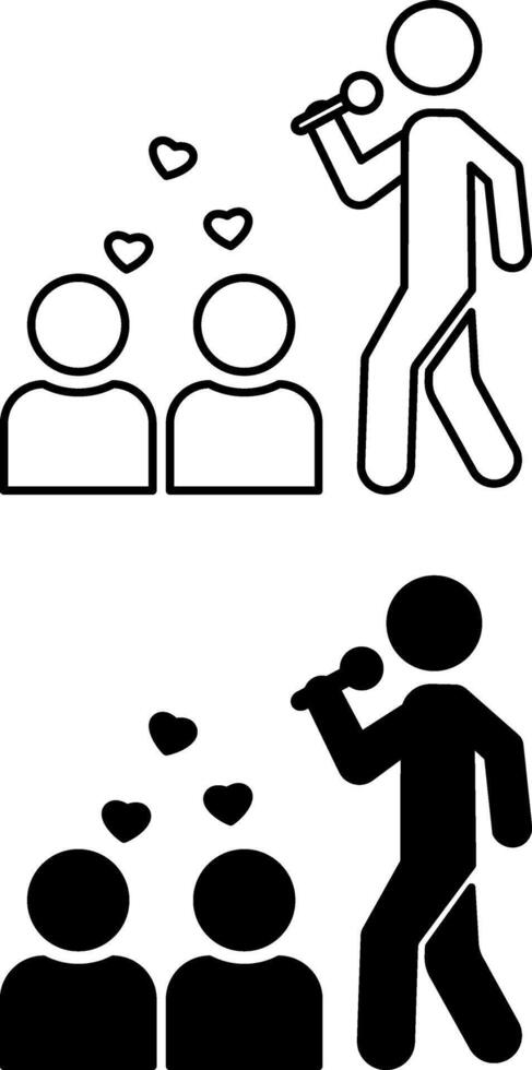 Influencer Icons. Black and White Illustrations. Man Speaking into Microphone and Seated Audience. Person Who Has Influence on the Audience. Celebrity, Expert, Popular Blogger vector
