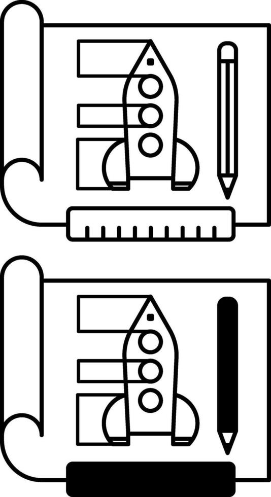 Prototyping Icons. Black and White Illustration. Paper with Rocket Drawing, Pencil, and Ruler. Creating a Mockup or Model of the Product for Further Development. Concept Engineering vector
