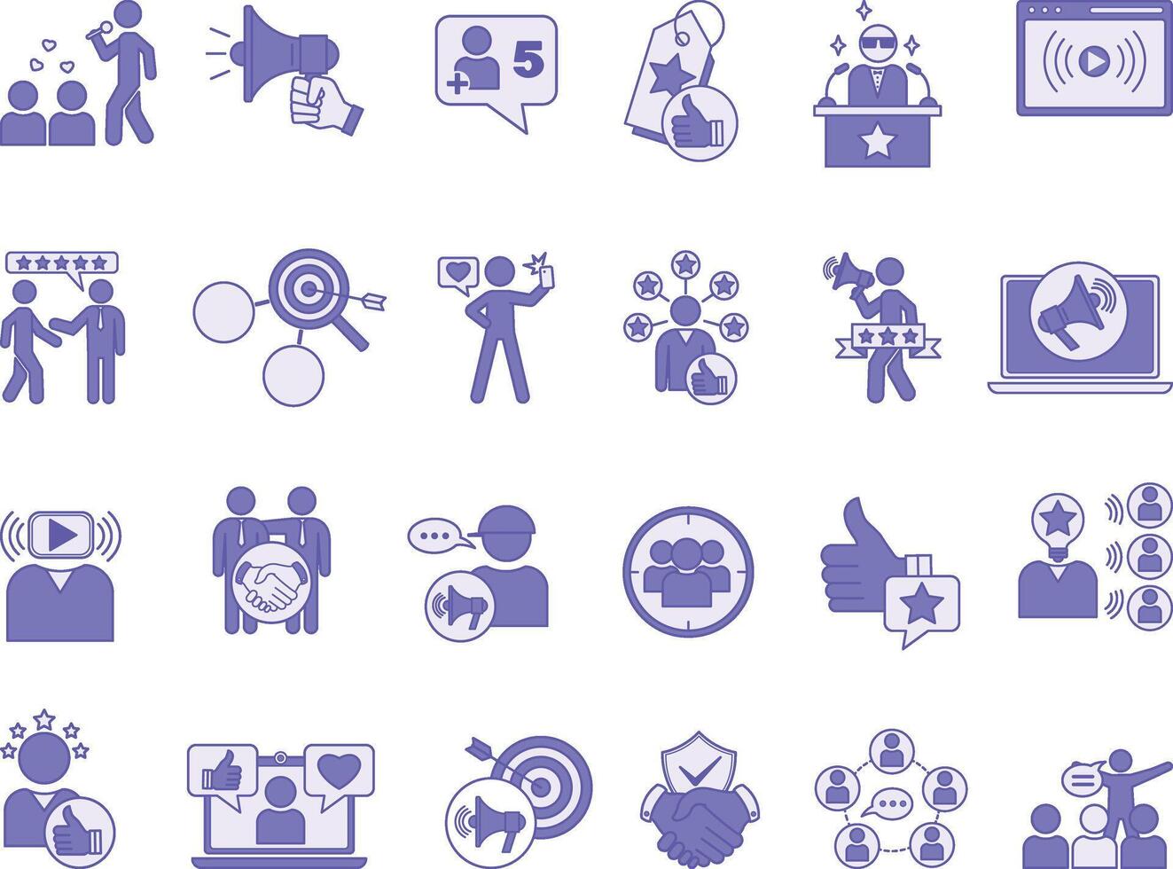 Colored Influencer Icon Set. Illustrations Follower, Promote, Broadcast, Recommend, Celebrity, Marketing, Content Creator, Social Media, Review, Influence, Niche, and More vector