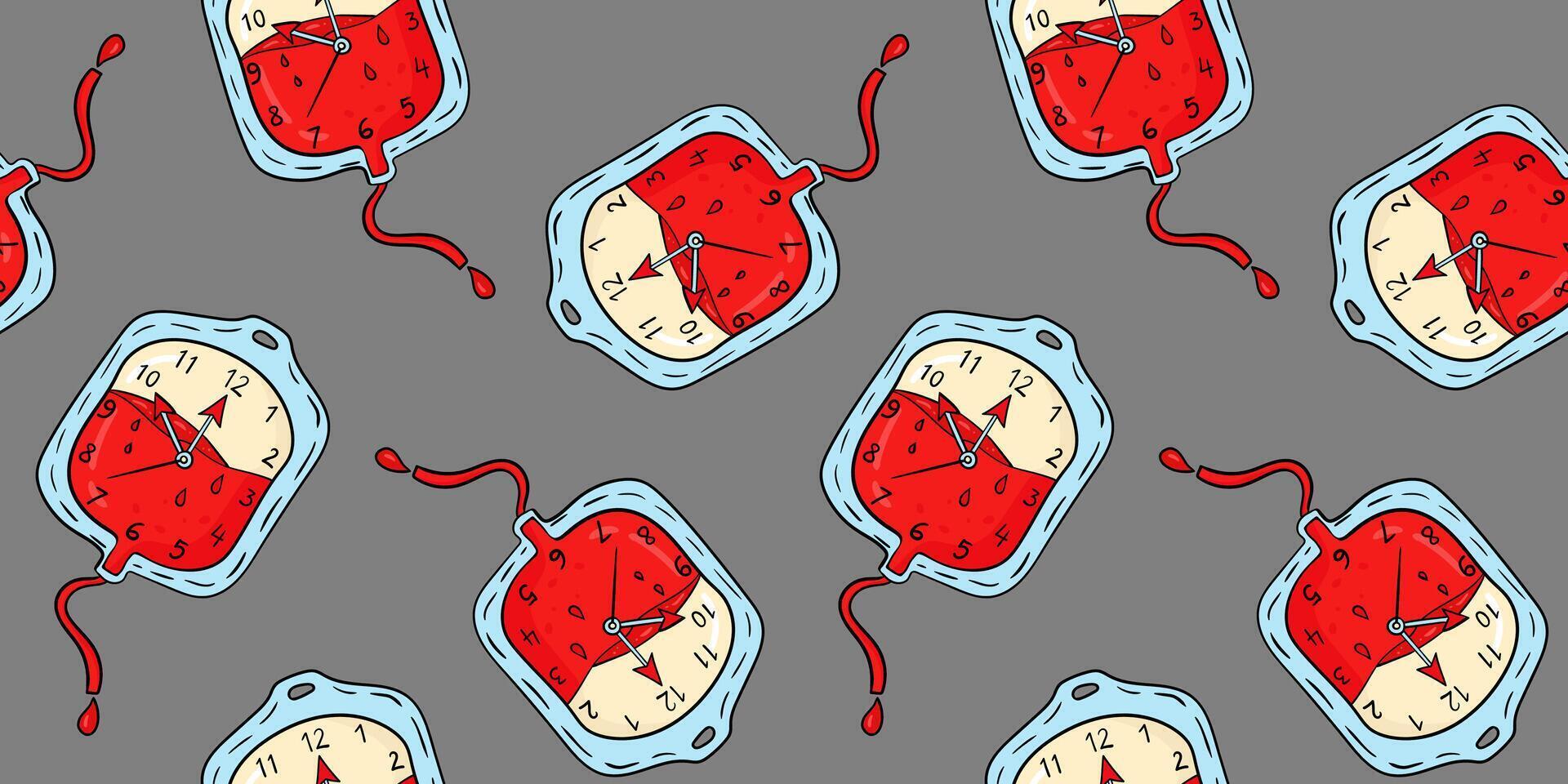 Seamless pattern time blood donation concept clock medical abstract background donor day gray hand drawn save life design art healthcare vector