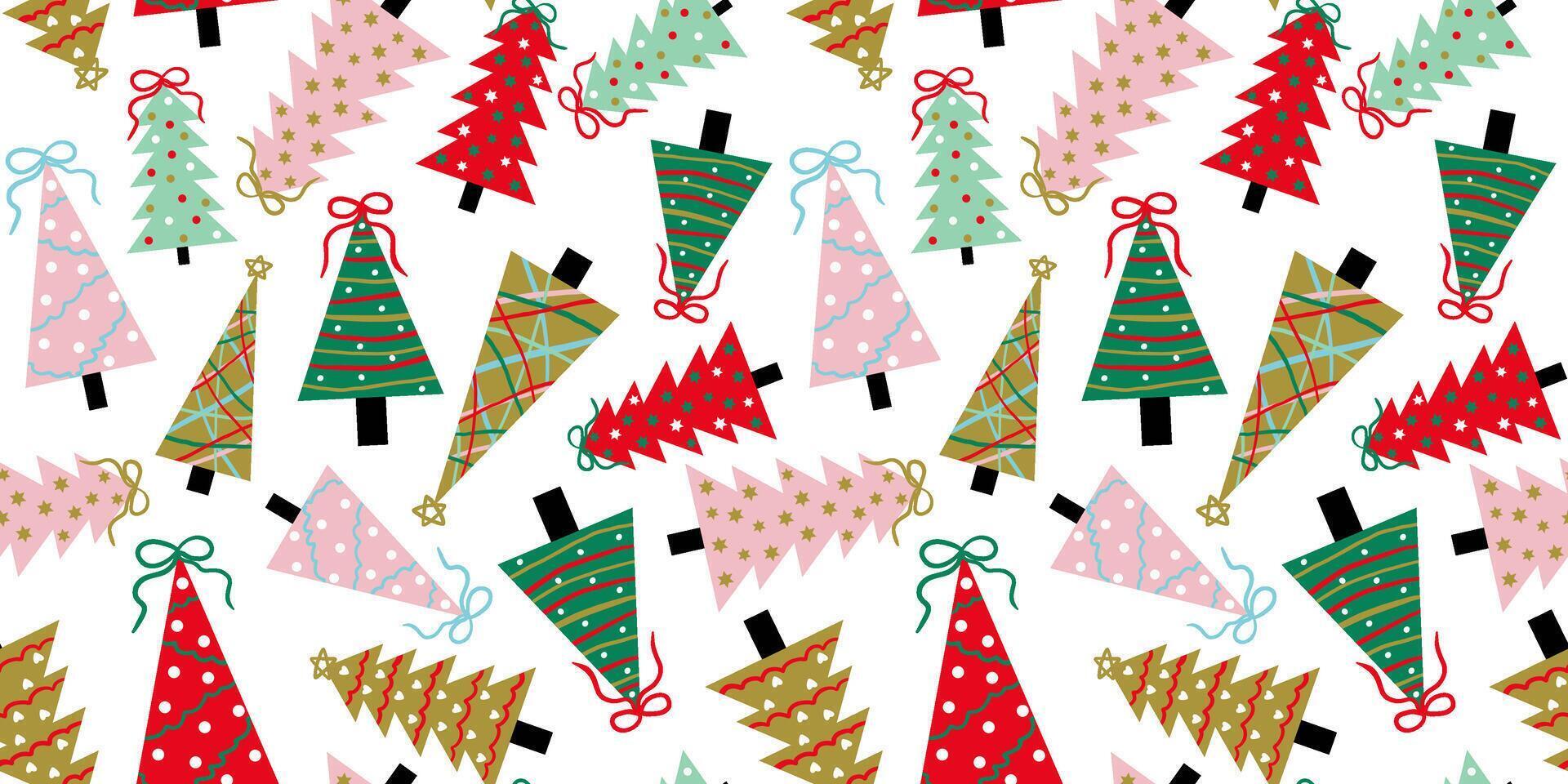 art pattern for christmas new year decor minimalist trees with bows pink green red gold colors abstract white isolated background vector