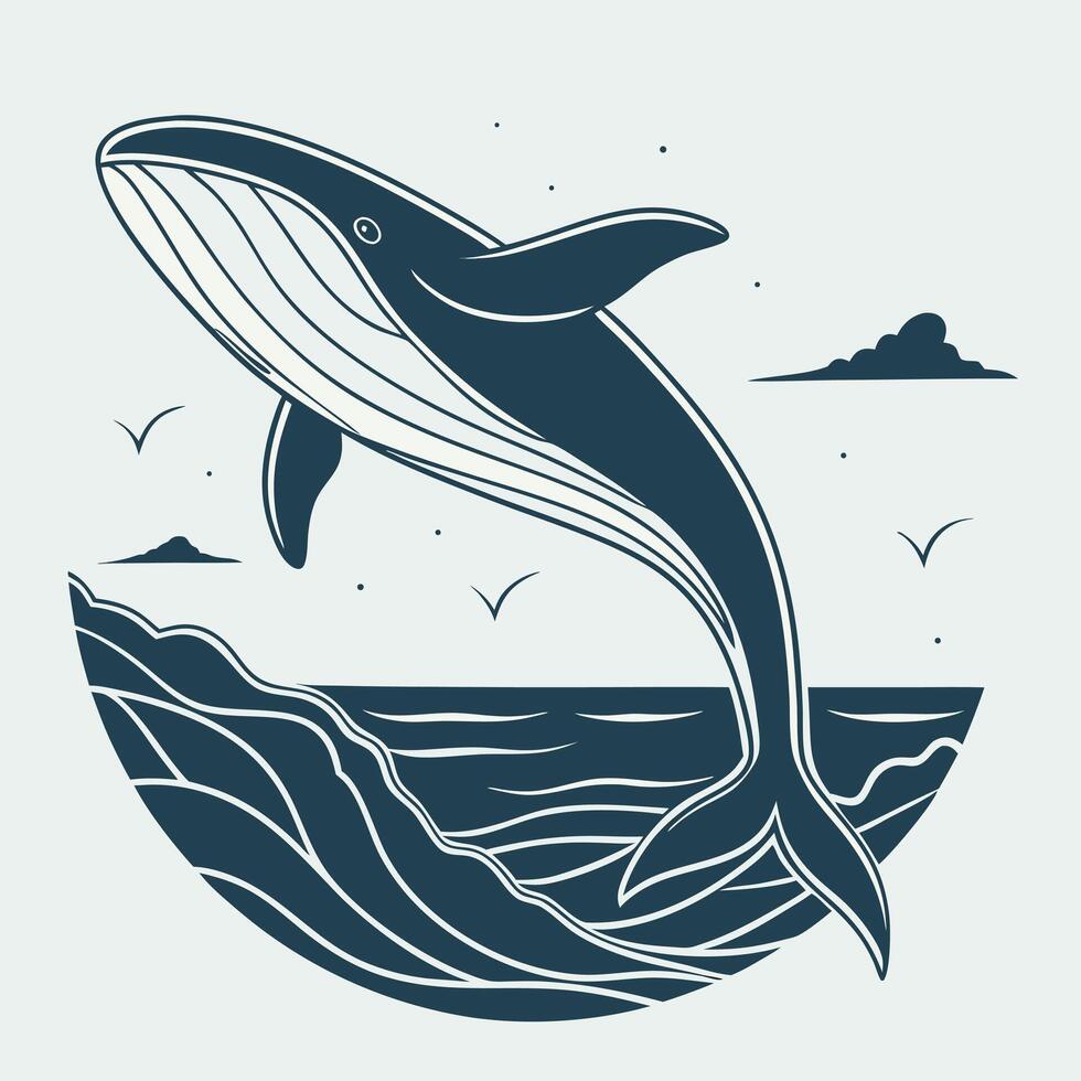Whale illustration ocean scene jumping whale marine life nautical art sea waves ocean wildlife graphic art vector