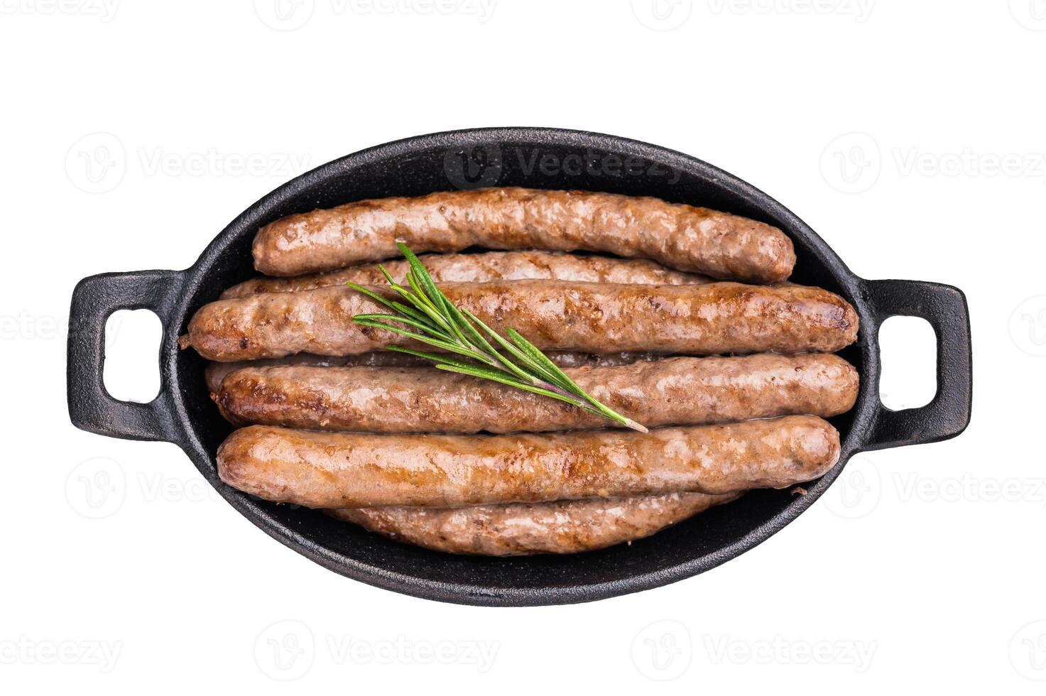 Delicious grilled sausage served with fresh herbs, a mouthwatering addition to any picnic or backyard party. isolated on white background. top view photo