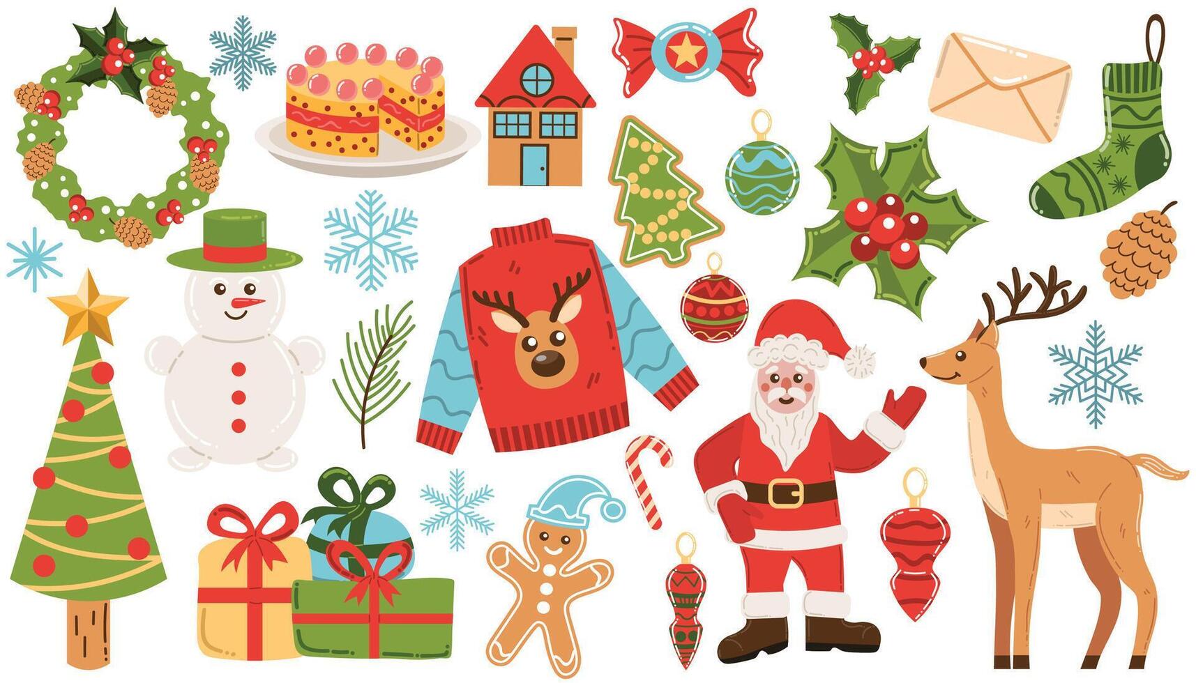 Colorful cartoon Merry Christmas clip art collection. Set of winter holidays design elements with Santa Claus, tree and presents, snowman and deer, cake and wreath isolated on white. vector