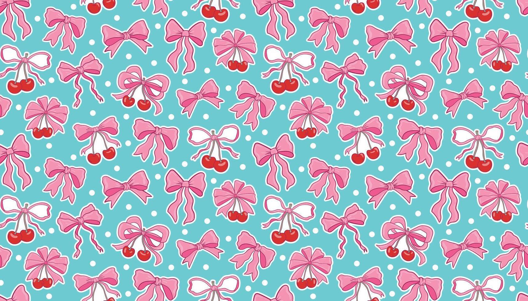 Charming seamless pattern with cherry and bow motifs in red and pink, scattered with dots on a light blue background. Coquette aesthetic with soft retro elegance in hand drawn illustration style. vector