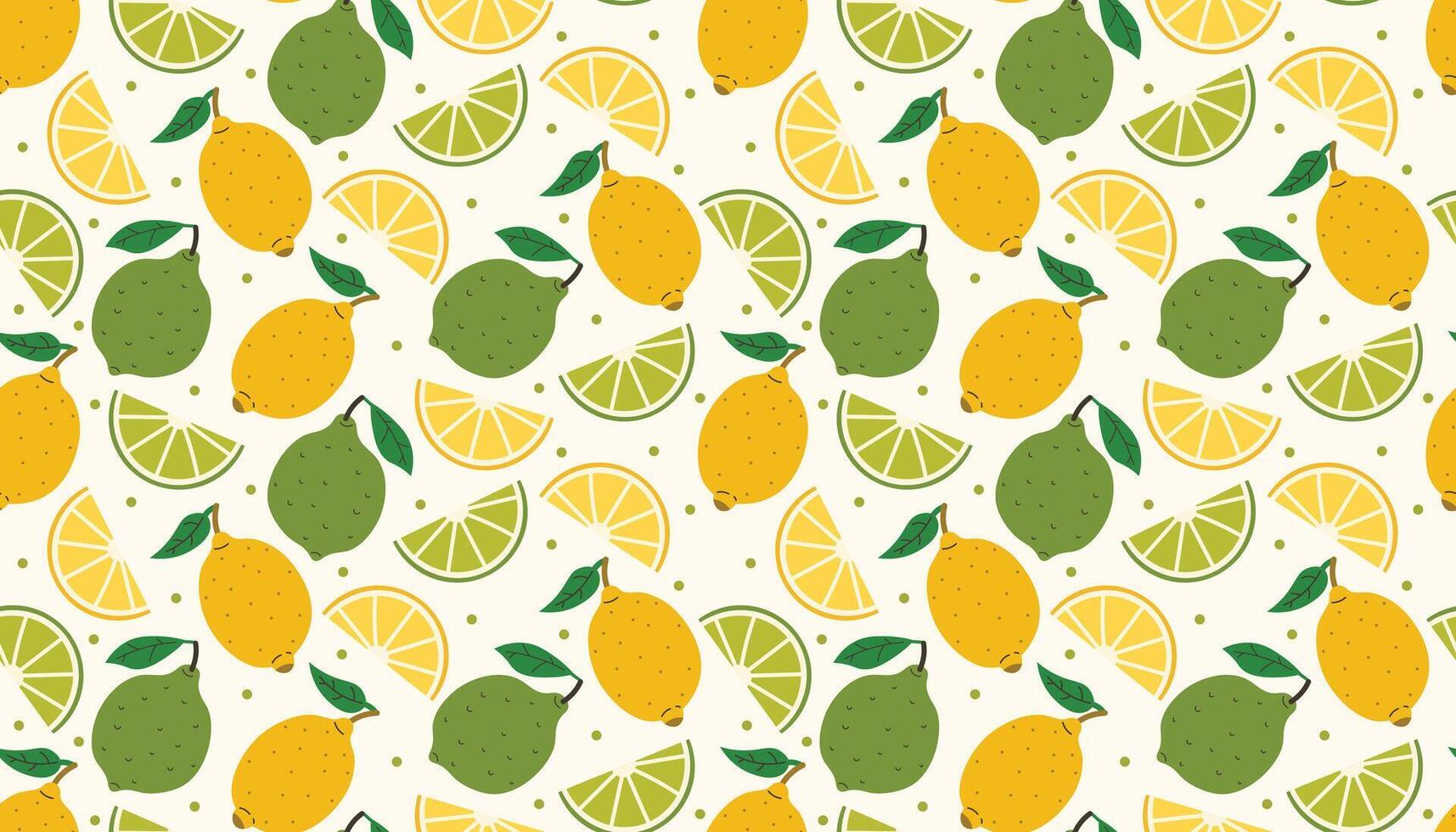 Playful seamless pattern of lemons, limes, juicy slices, leaves and dots. Bright colors and clean flat cartoon style make it ideal for fabric, wrapping, kitchen decor, or fruity digital art. vector