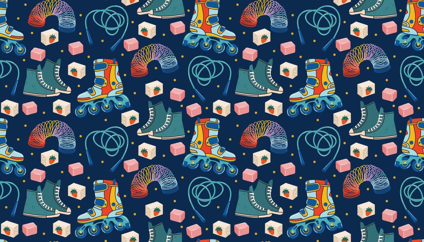 Retro 1990s seamless pattern with sneakers, roller skates, bubble gum, spring toy, and jump rope in cartoon flat style. Bright nostalgic texture perfect for fabric, kids items, or party decor. vector