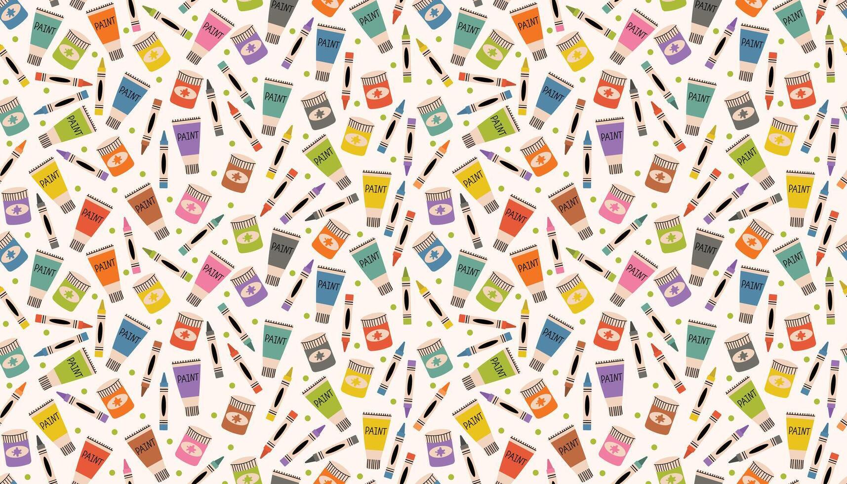 Fun and playful seamless pattern of messy crayons, paint tubes, and dots in bright flat cartoon style. Great for educational decor, art prints, textiles, and creative projects. vector