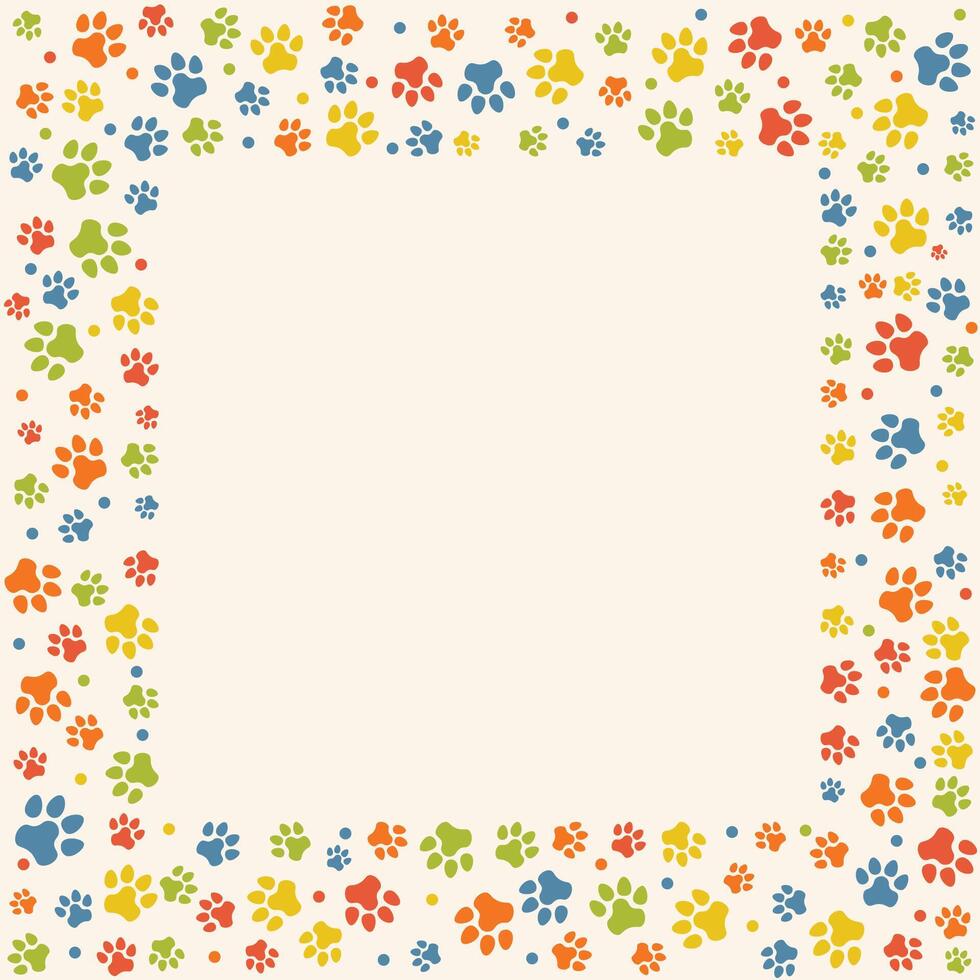 Square frame filled with playful dog paw prints and scattered dots in flat cartoon style. A fun and cheerful design perfect for pet-themed projects, invitations, or animal lover decorations. vector