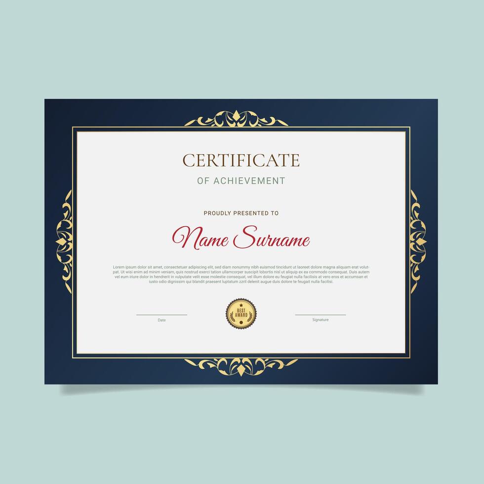 A certificate of award is displayed with a gold border. vector