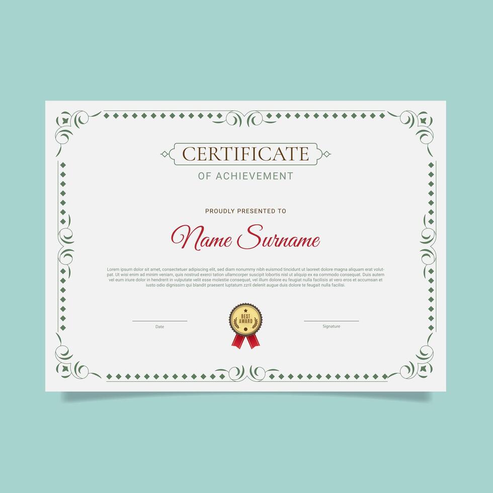 A certificate of award is shown with a green border vector