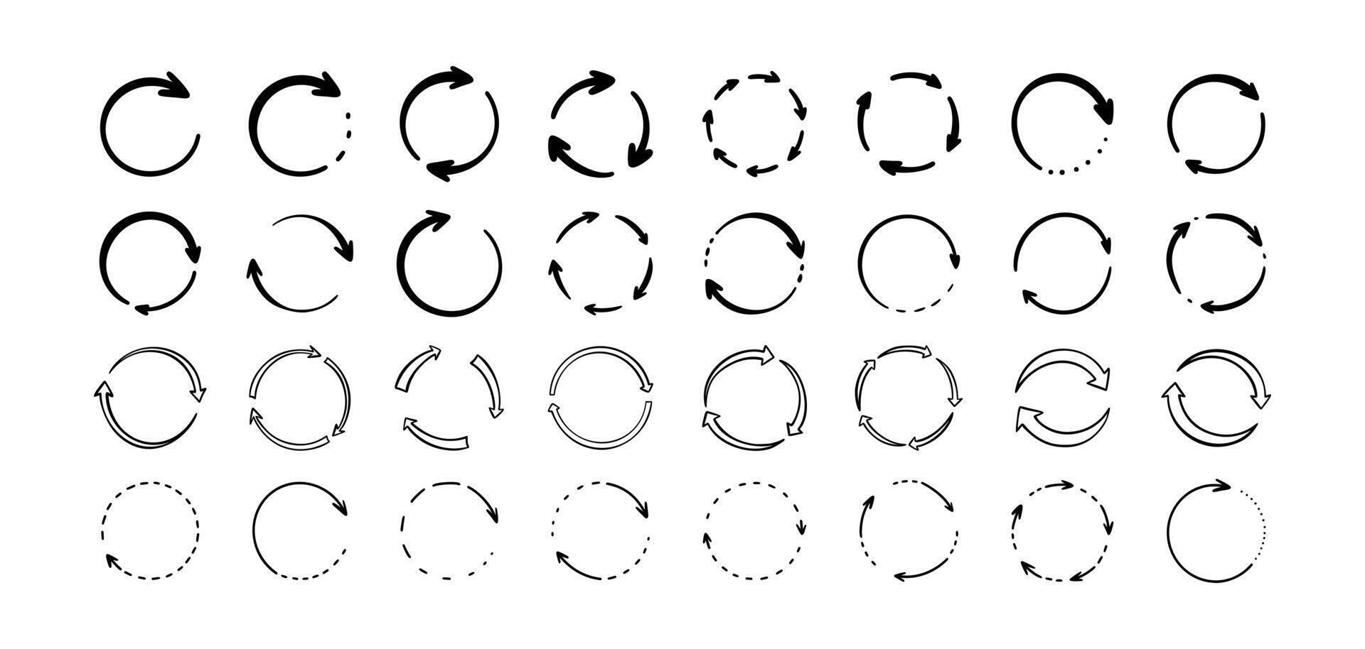 Hand drawn doodle arrow circle icon set. Round recycle symbol drawing. Process, loading, reset, refresh indicator. Circular spinning sign. Handwriting kid diagram. Line sketch illustration vector