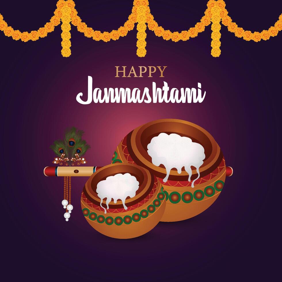 makhan mataki for happy janmashtami background vector