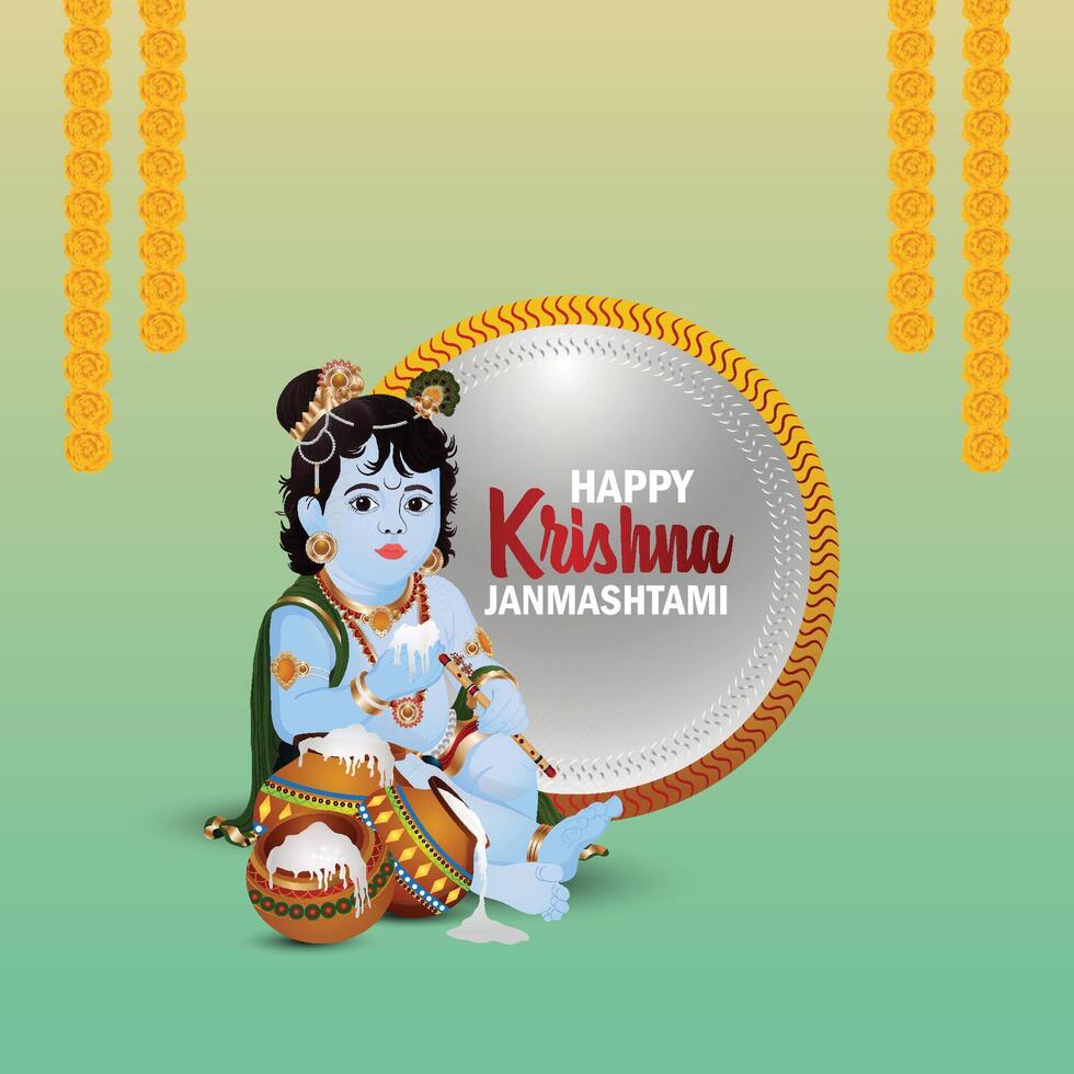 Happy krishna janmashtami with makhan mataki on creative illustration background vector