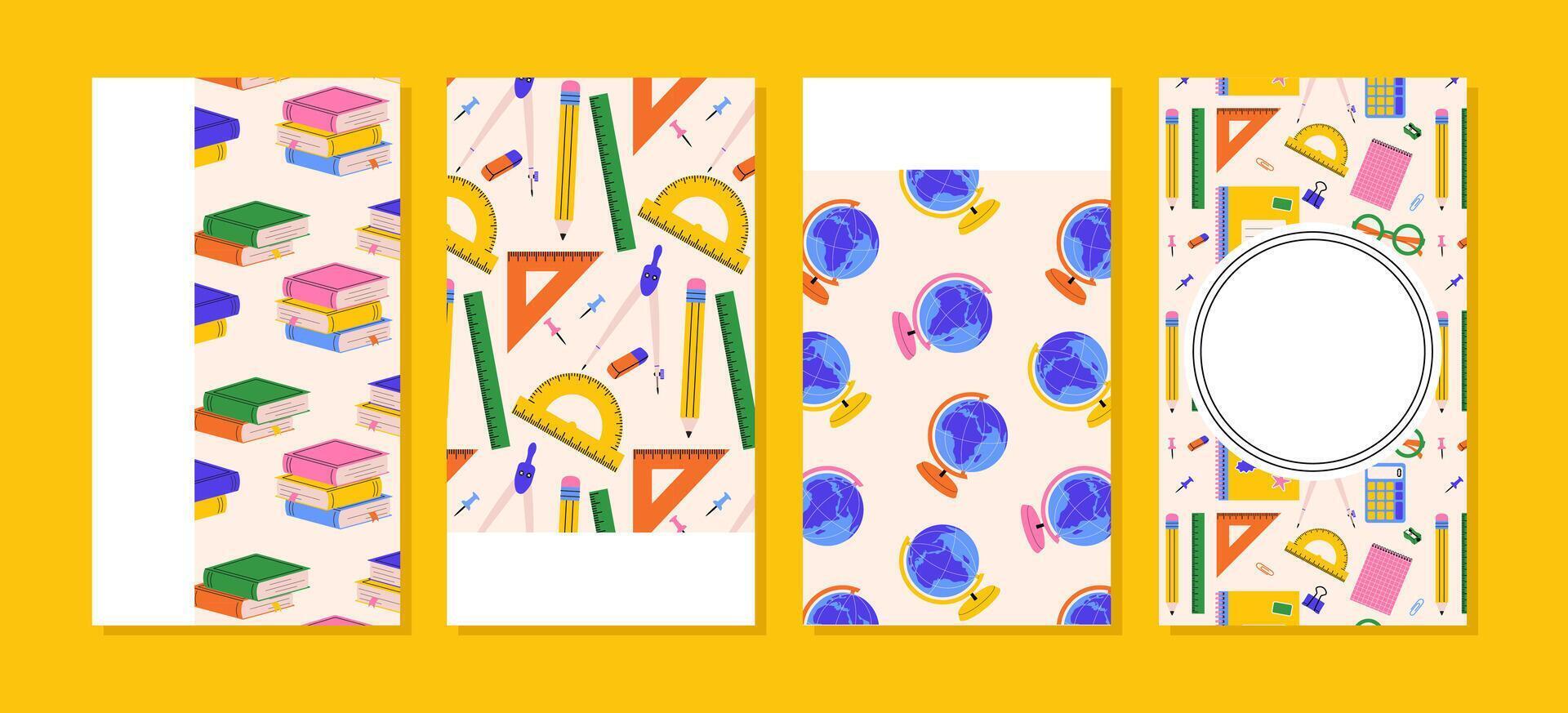 Back to School vertical card set with school supplies and education elements. illustration for academic design and children learning themes vector