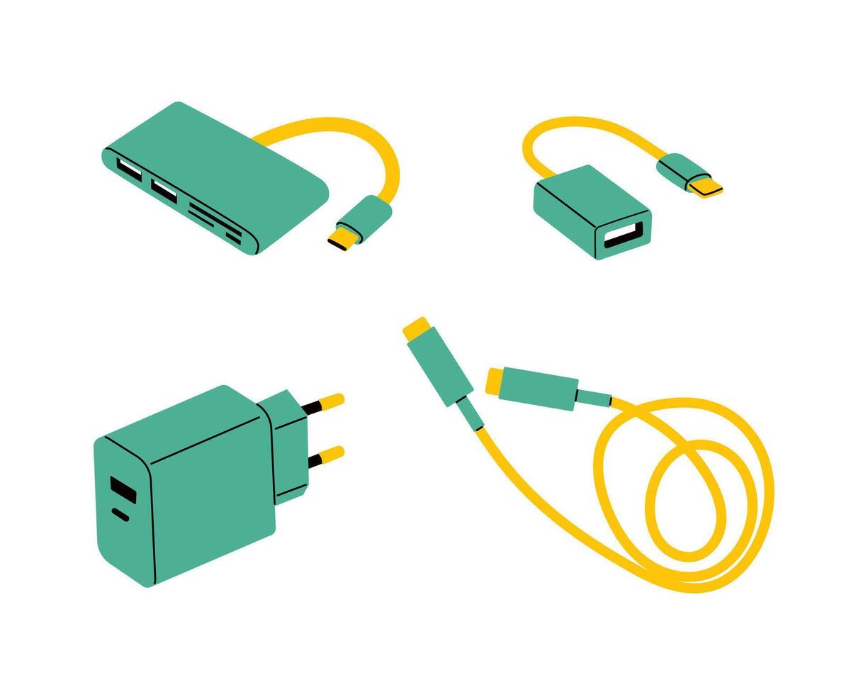 Set of unique cables and adapters for electronic devices. Tecnogy accessories collection with connectors, plugs, and wires in flat style vector