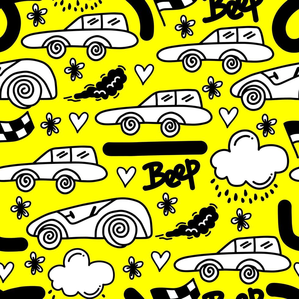 Seamless pattern with cute cars for fabric, wrapping, textile, wallpaper, apparel design. vector