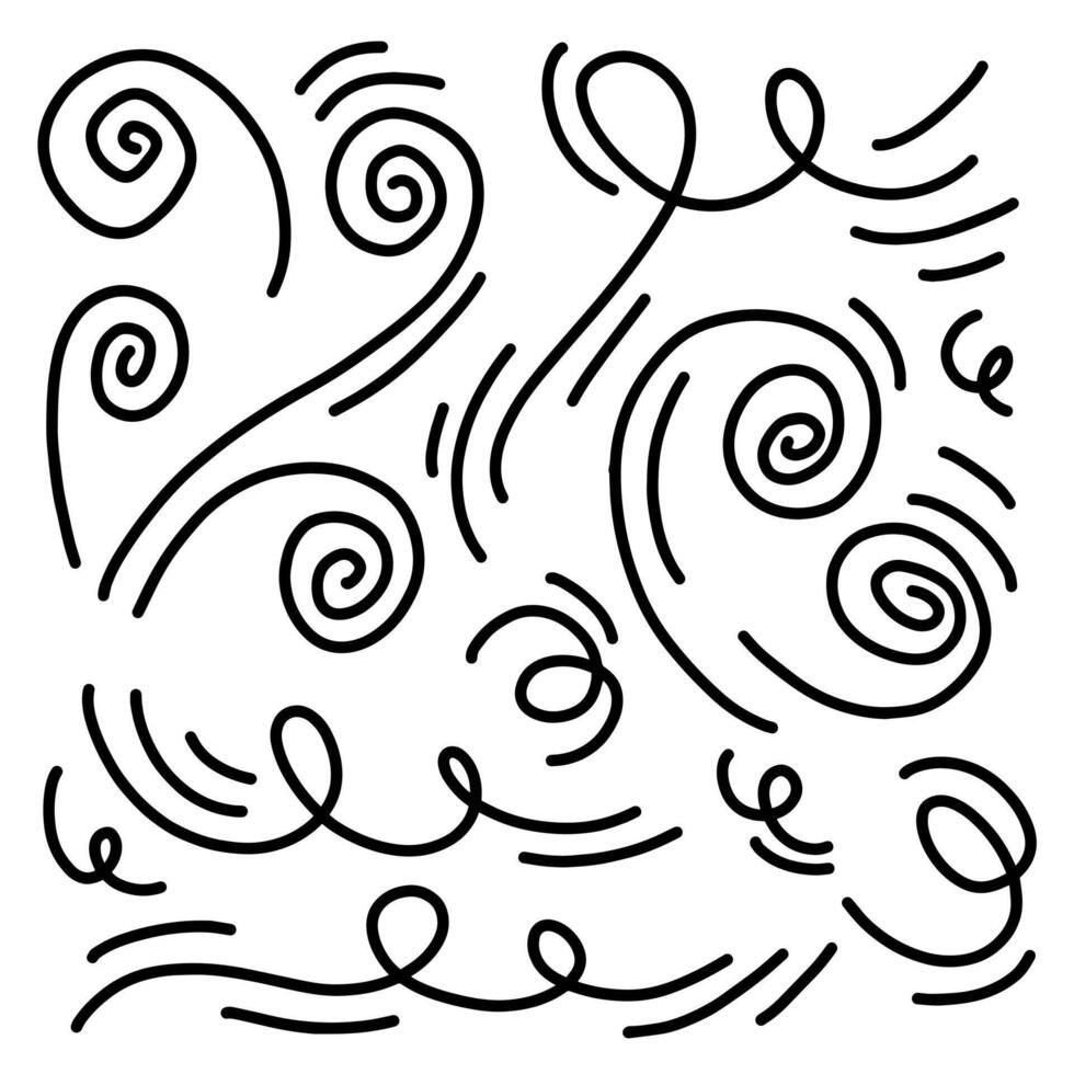 Doodle wind line sketch set. Hand drawn doodle wind movement, air blowing, swirl design. Sketch of air blowing movement, abstract lines. vector