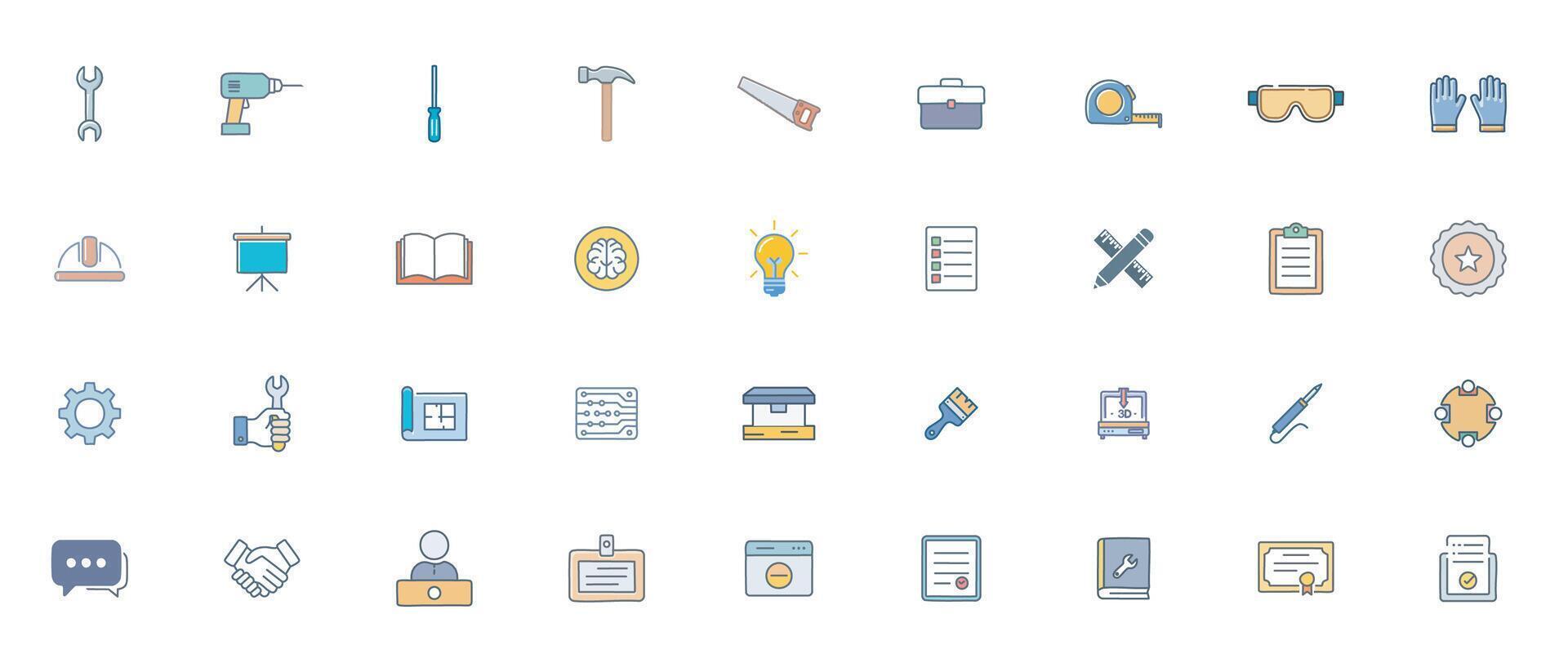 Minimal Flat Workshop Tools Silhouette Icon Set color vector