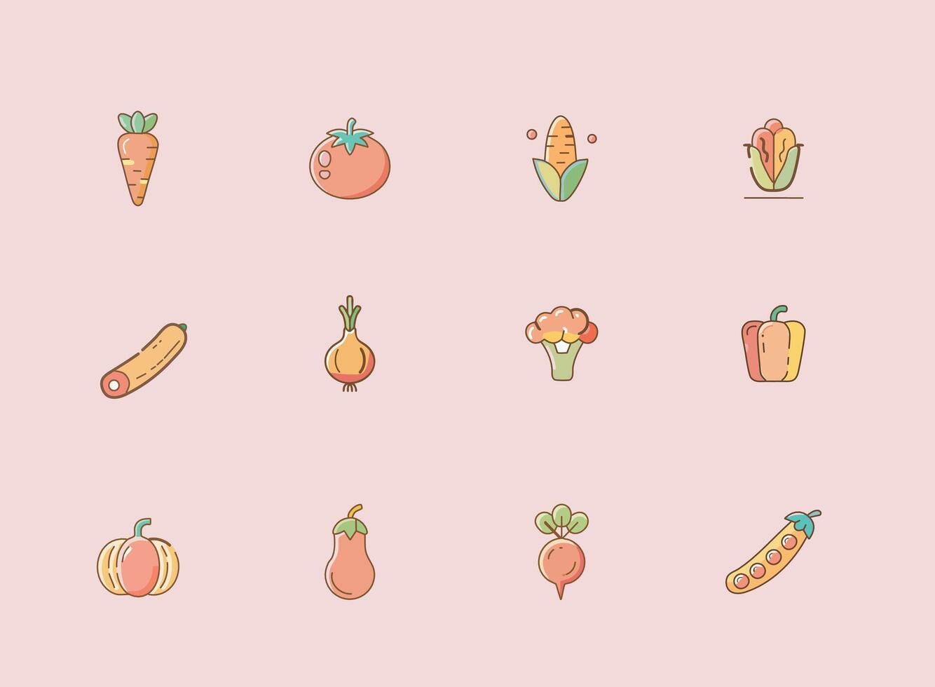 Minimal Colorful Vegetable Icon Set Flat Design vector