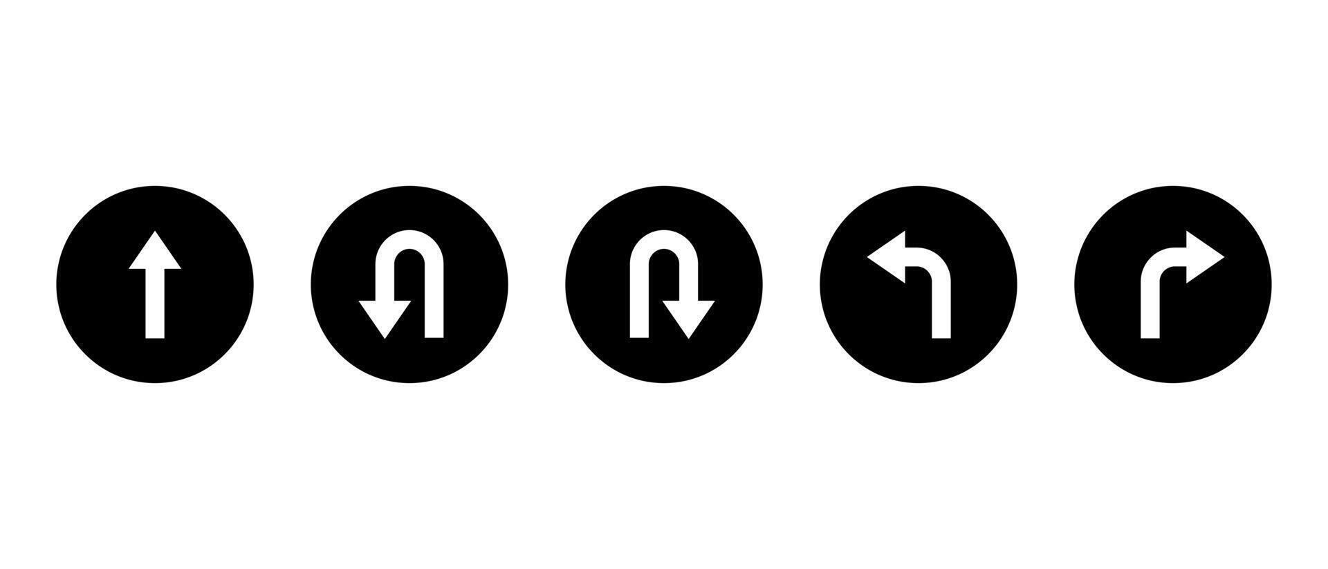 Go straight, this way, one way only, U turn, left and right arrow direction icon on black circle vector