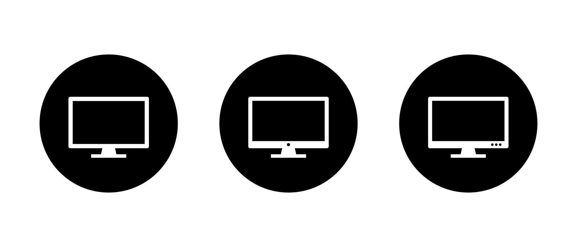 Display monitor icon set on black circle. Computer desktop screen sign symbol vector