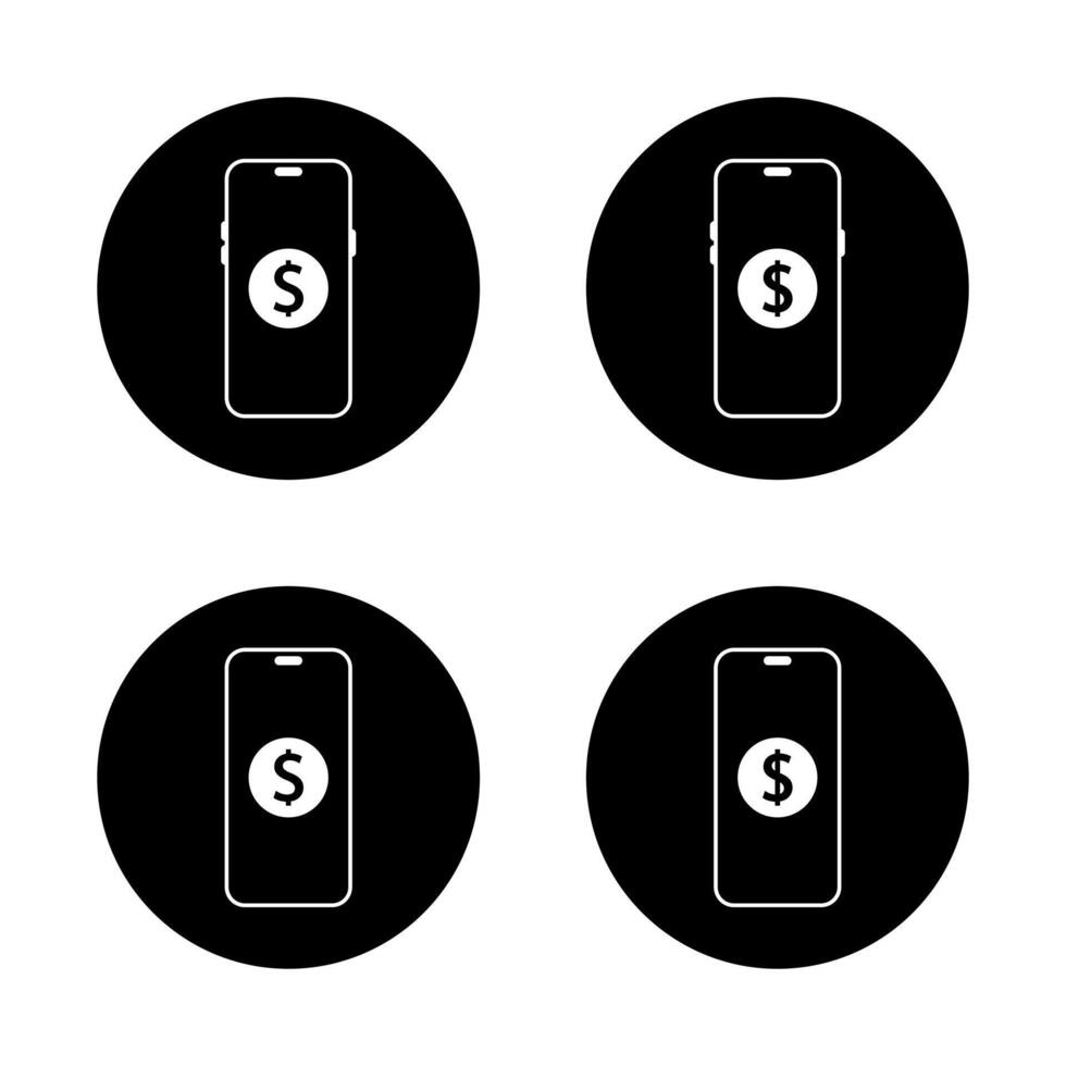 Dollar on smartphone icon on black circle. Money balance on phone screen sign symbol vector