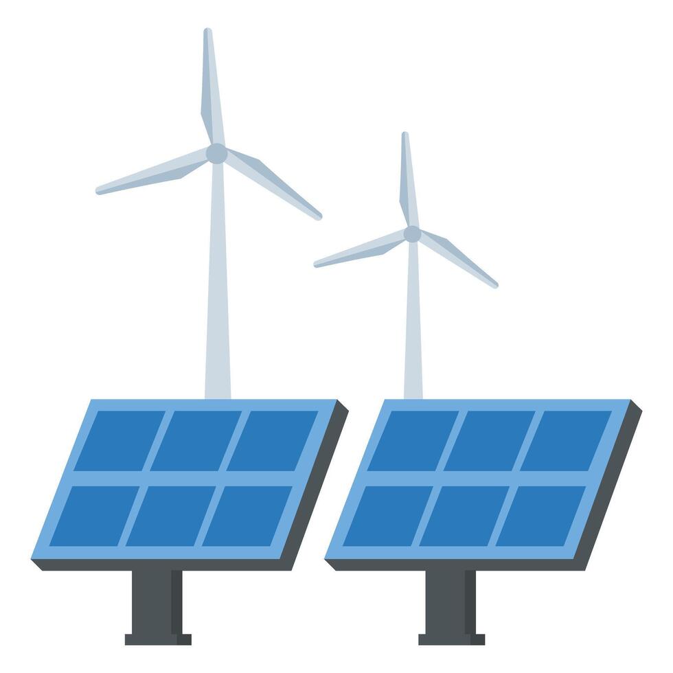 animation of Solar panels on large wind turbines background. Windmills. Concept of clean energy, green energy, renewable energy vector