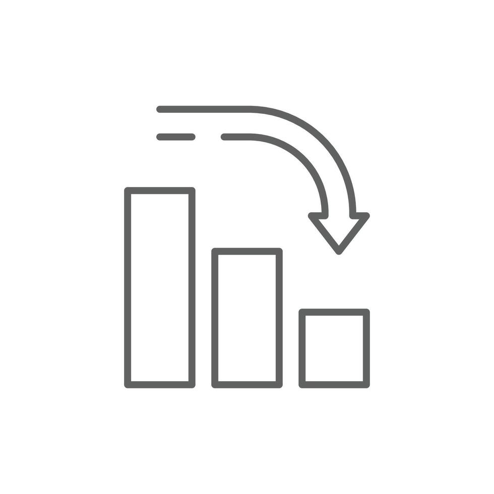 Minimal Outline Style Bar Chart with Curved Down Arrow Showing Decrease Recession and Drop in Performance Editable vector