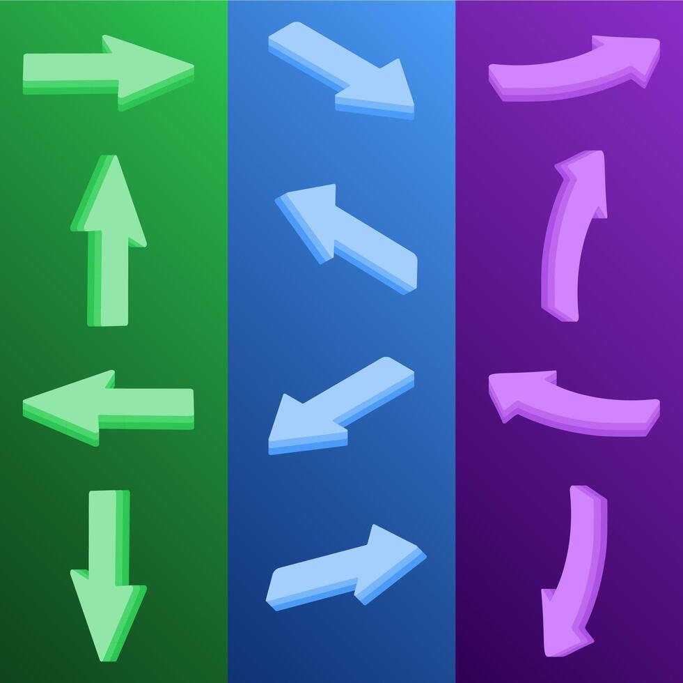 Collection of green, blue, and purple 3D isometric arrows. Includes up, down, left, right, diagonal, and curved pointers. Useful for infographics, web design, navigation, and presentations. vector