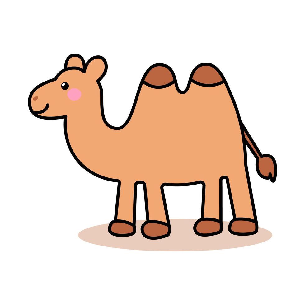 Adorable cartoon illustration of a smiling Bactrian camel with two humps. Cute desert animal character ideal for kids designs, educational content, or travel themes. vector