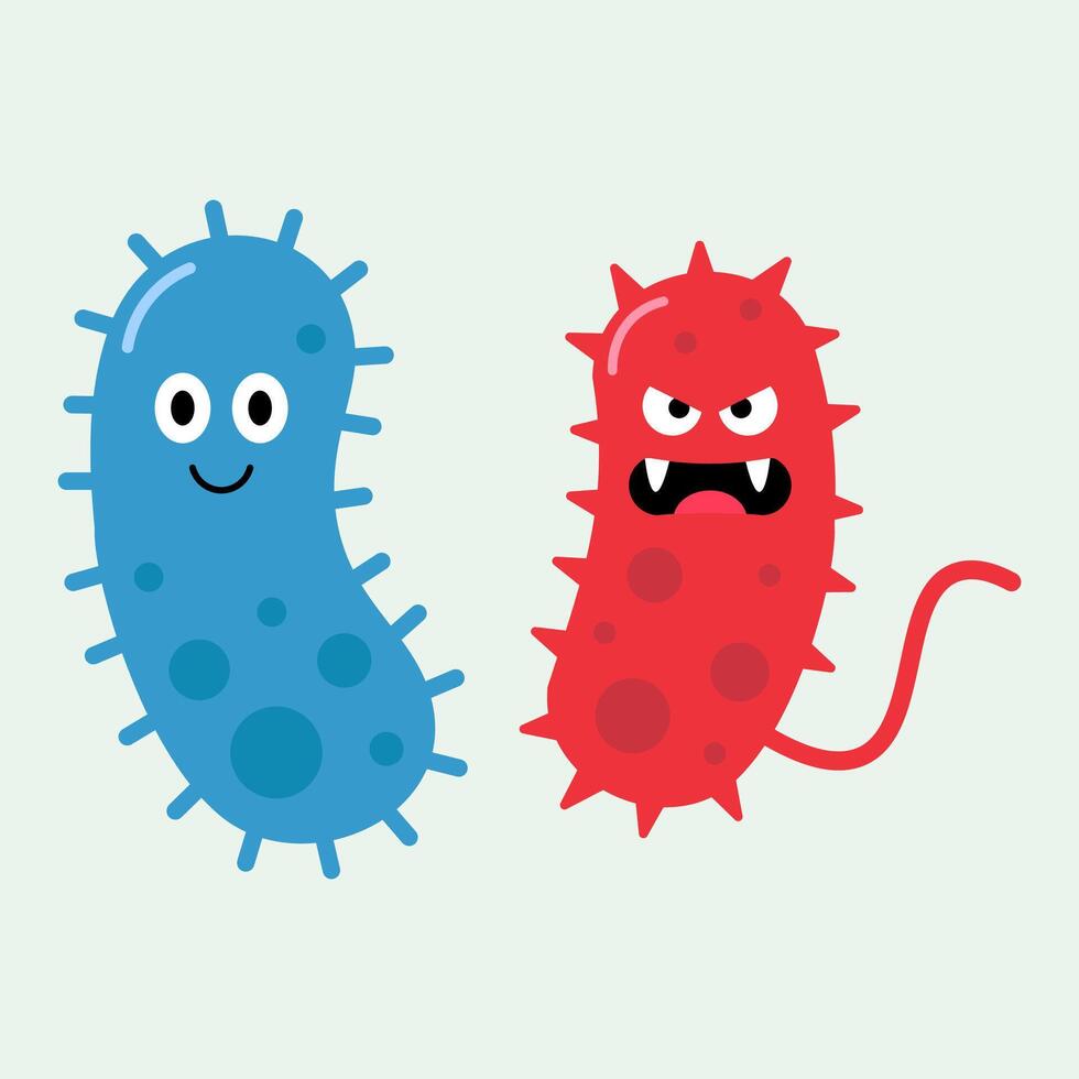 Illustration of two cartoon germ characters, a friendly blue bacterium with rounded spikes and an angry red virus with sharp spikes and a tail. vector