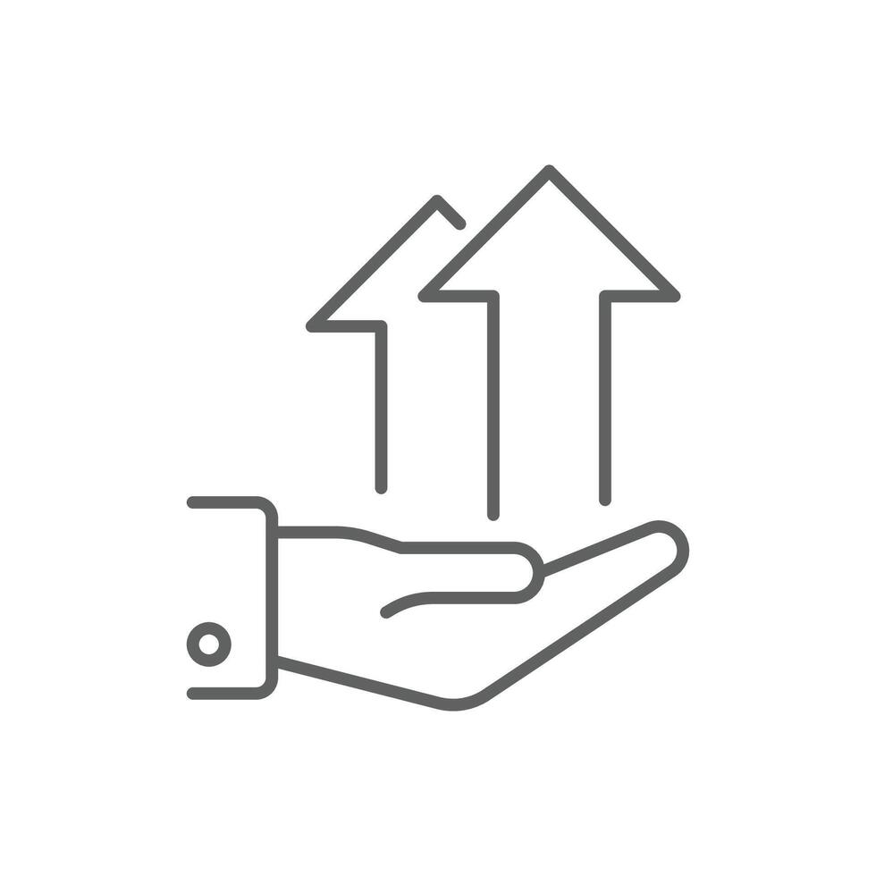 Line Art Icon of Hand Presenting Two Upward Arrows Business Growth and Opportunity Symbol Editable Stroke Advancement vector