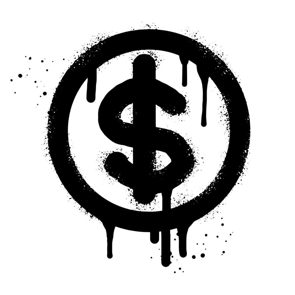 Spray painted graffiti currency in black over white. Drops of sprayed dollar icon isolated on white background vector