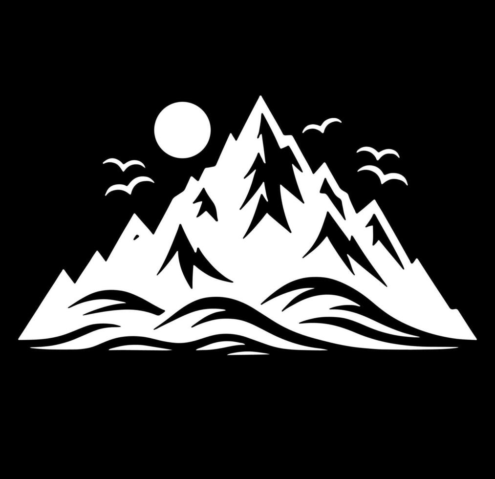 Mountain with birds and moon on black background vector