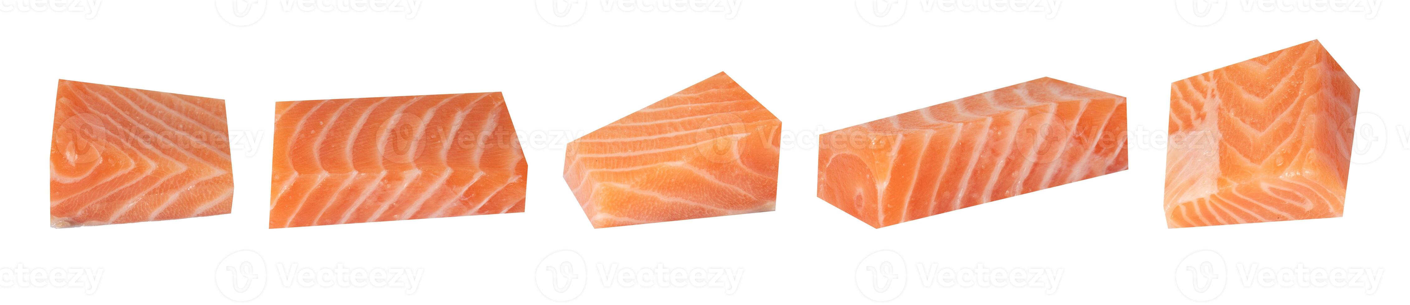 set of fresh salmon fillets isolated on white background, cut out. photo