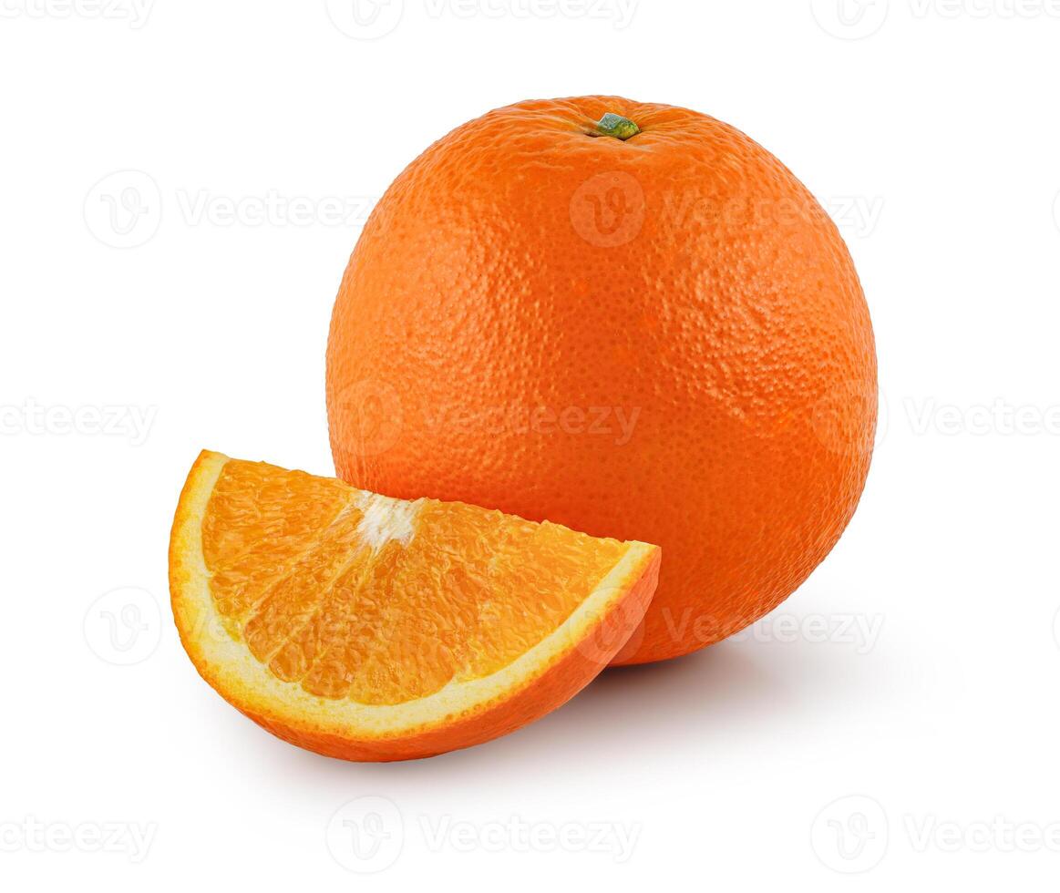 Fresh Orange fruit half and slices isolated on the white background, clipping path, Arancia Tarocco, Citrus sinensis, Half of orange on the heap of oranges photo