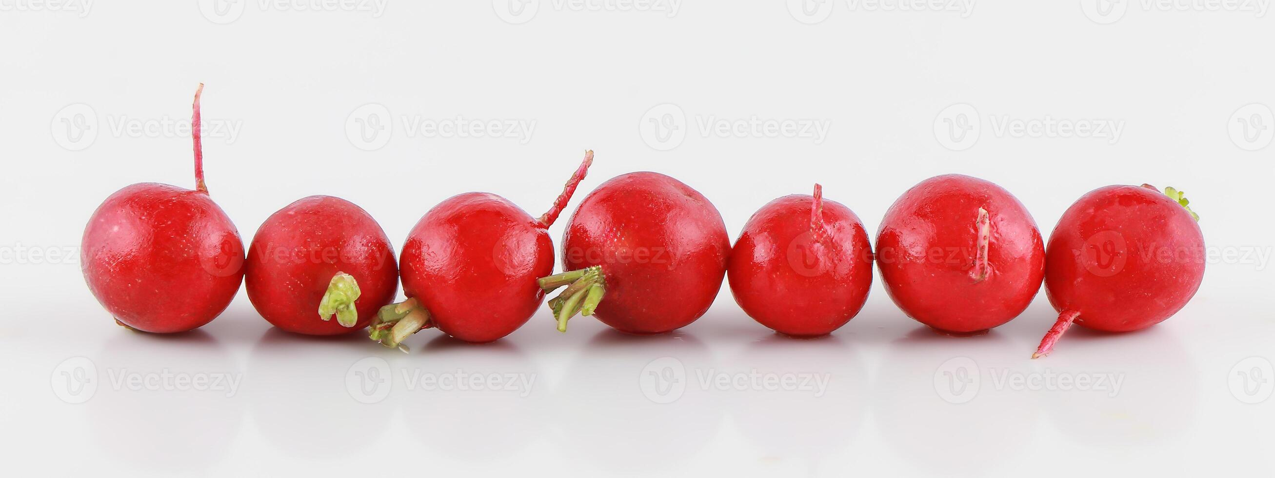 Fresh set of radish with red skin in a sack and basket isolated on the white background, clipping path. photo