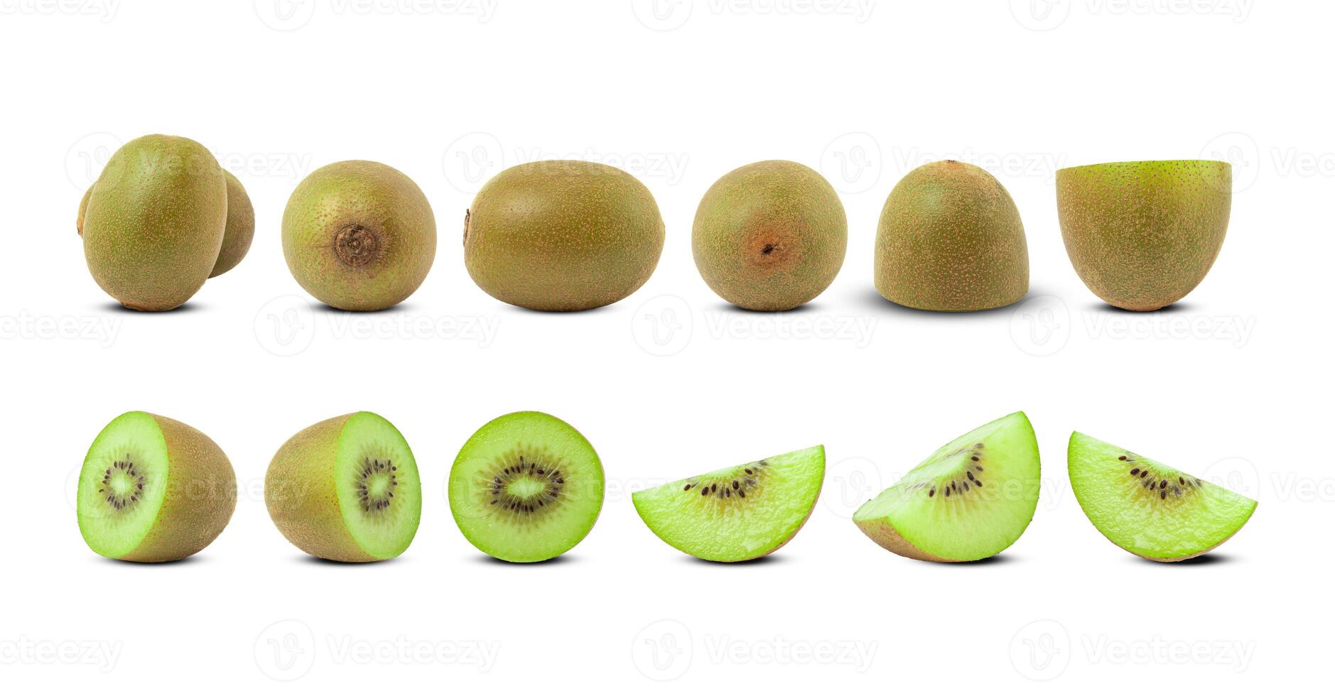 set of kiwi fruit and cut in halves isolated on white background with clipping path. photo
