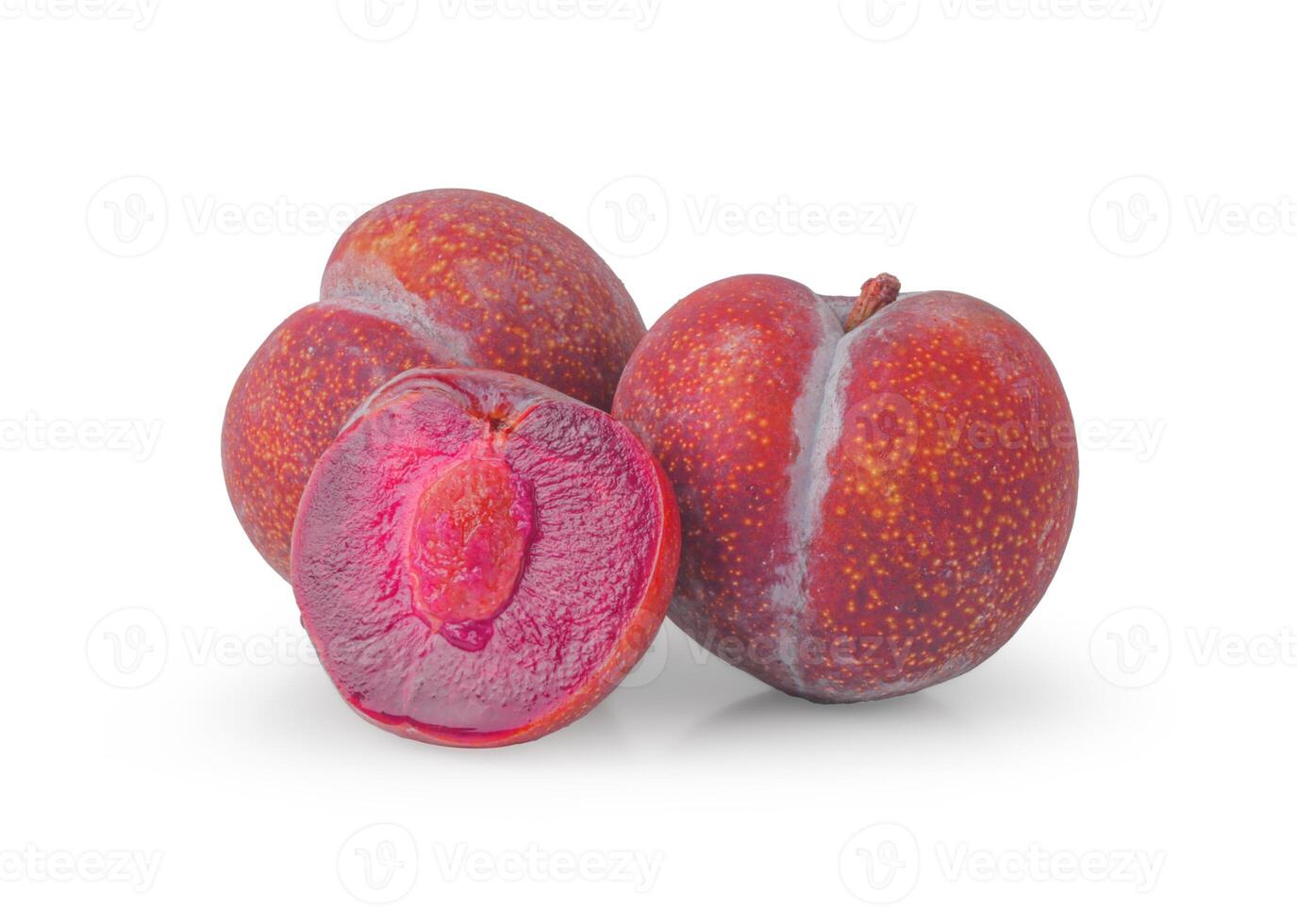 Red Plum, One and a half of purple plum fruit isolated on white background with clipping path photo