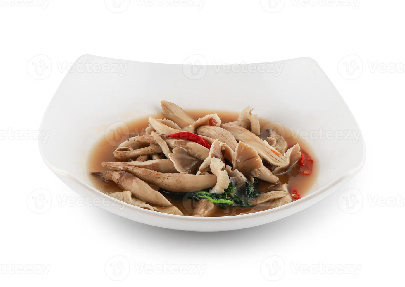Termite mushrooms curry in white plate isolated on white background with clipping path,Teratophilia ,Termitomyces fuliginosus Heim, Edible thai mushroom. photo