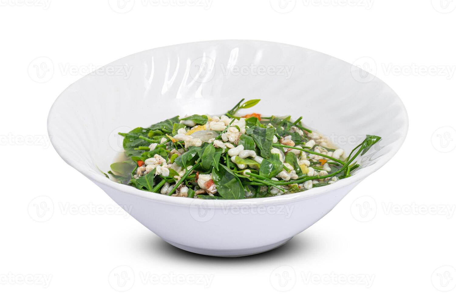 Spicy Vegetable Soup with Ant Eggs in a white bowl isolated on white background with clipping path, Thai Food. photo