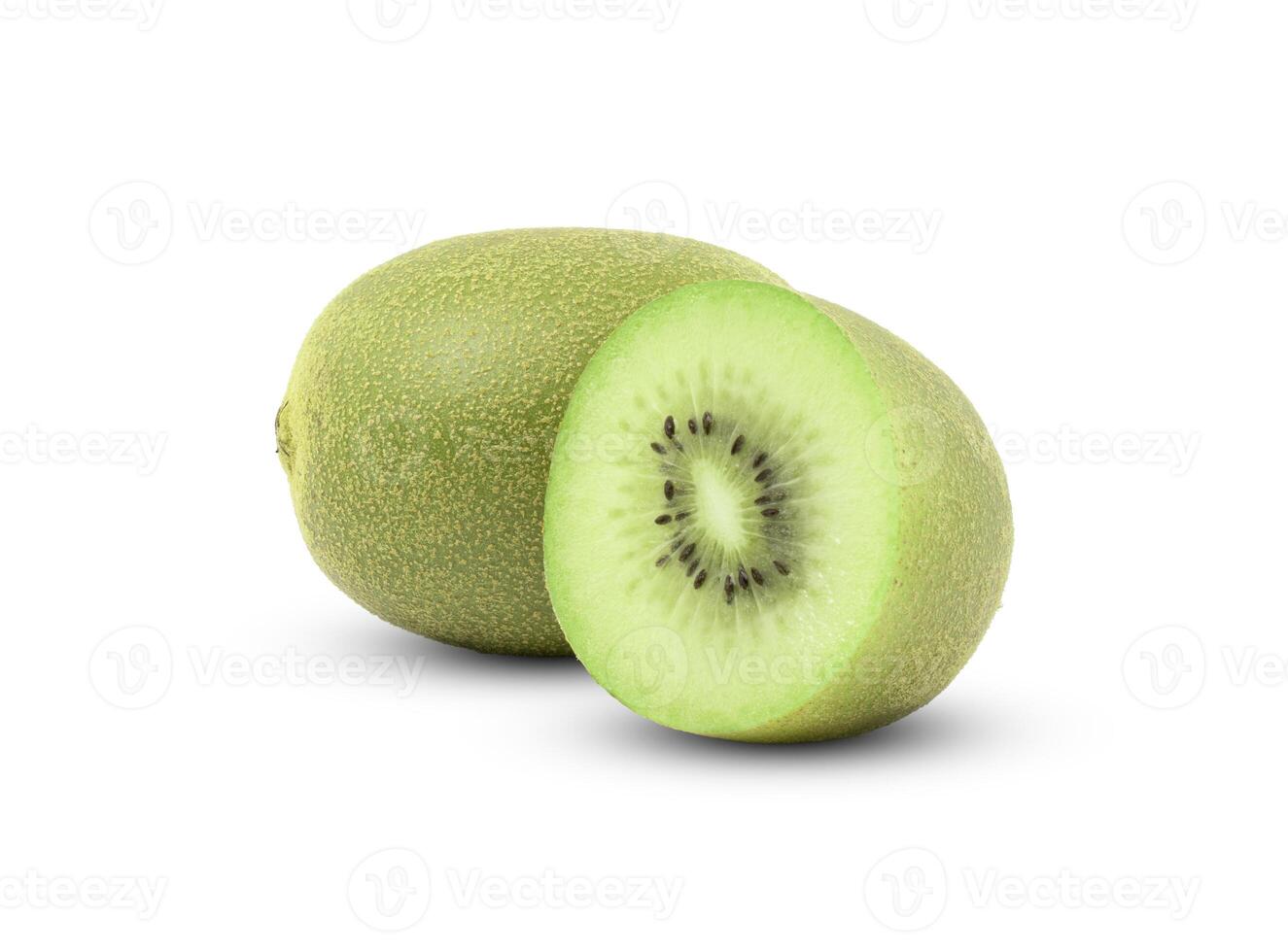 Close up of kiwi fruit and cut in halves isolated on white background with clipping path. photo