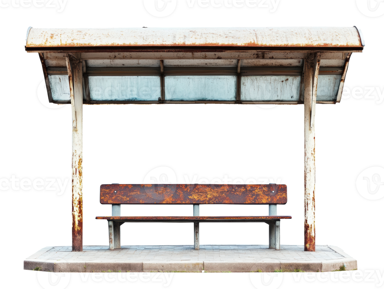 Weathered bus shelter with a rustic bench waiting for passengers png