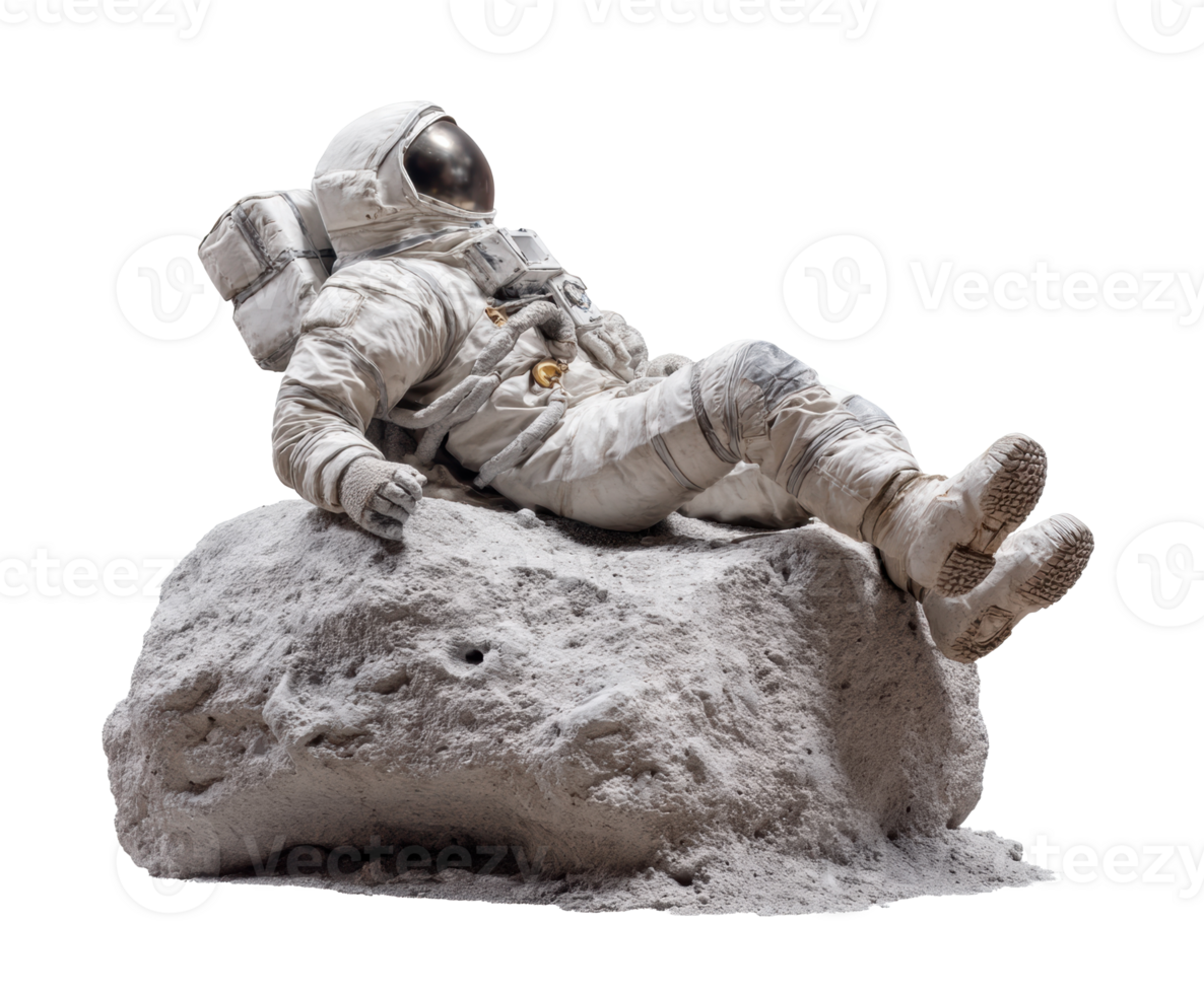 Astronaut relaxing on lunar rock in space exploration concept png