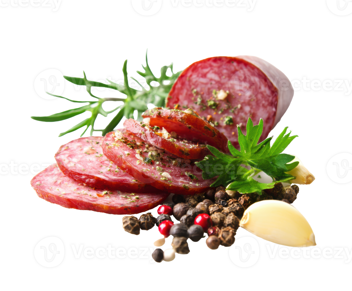 Homemade cured sausage and spices for gourmet cooking png